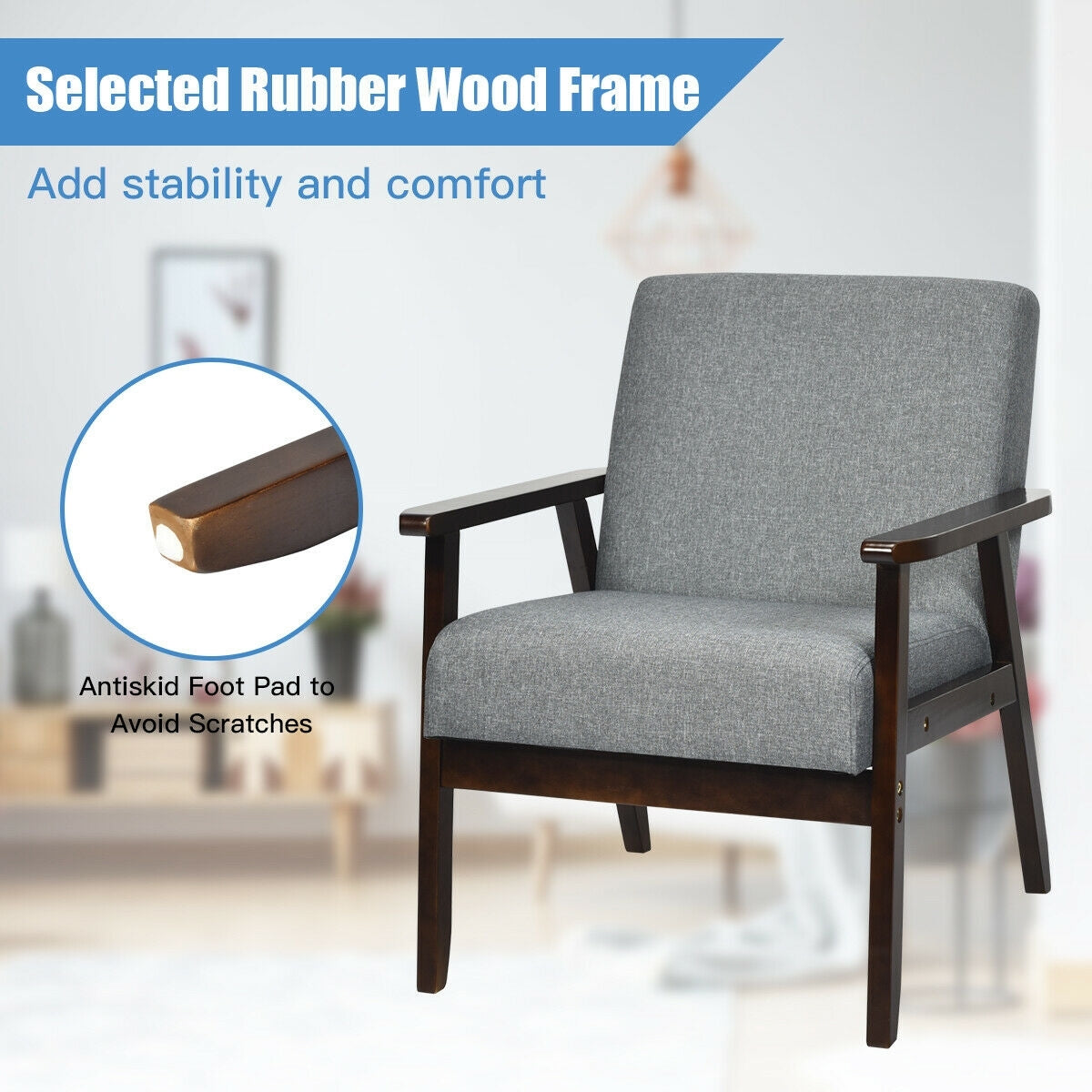 Solid Rubber Wood Fabric Accent Armchair for Living Room, Gray Accent Chairs at Gallery Canada