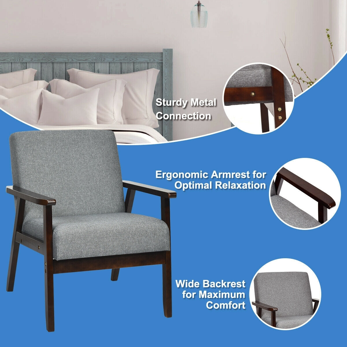 Solid Rubber Wood Fabric Accent Armchair for Living Room, Gray Accent Chairs at Gallery Canada