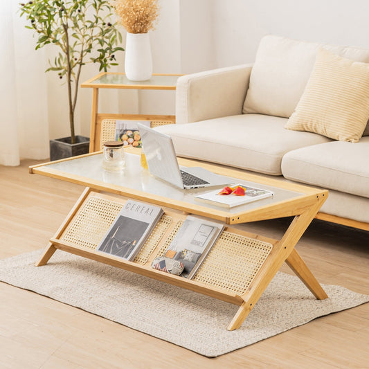 Z-Shaped Handwoven Bamboo Coffee Table with Tempered Glass Top, Natural - Gallery Canada