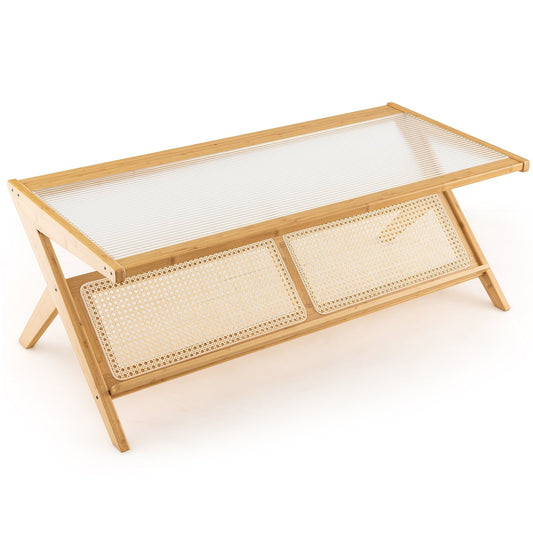 Z-Shaped Handwoven Bamboo Coffee Table with Tempered Glass Top, Natural - Gallery Canada