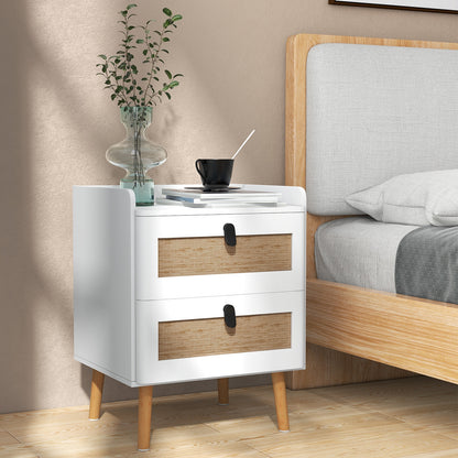 Modern End Table Bedside Table with 2 Rattan Decorated Drawers, White End & Side Tables at Gallery Canada