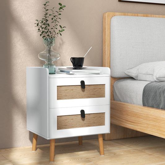 Modern End Table Bedside Table with 2 Rattan Decorated Drawers, White - Gallery Canada