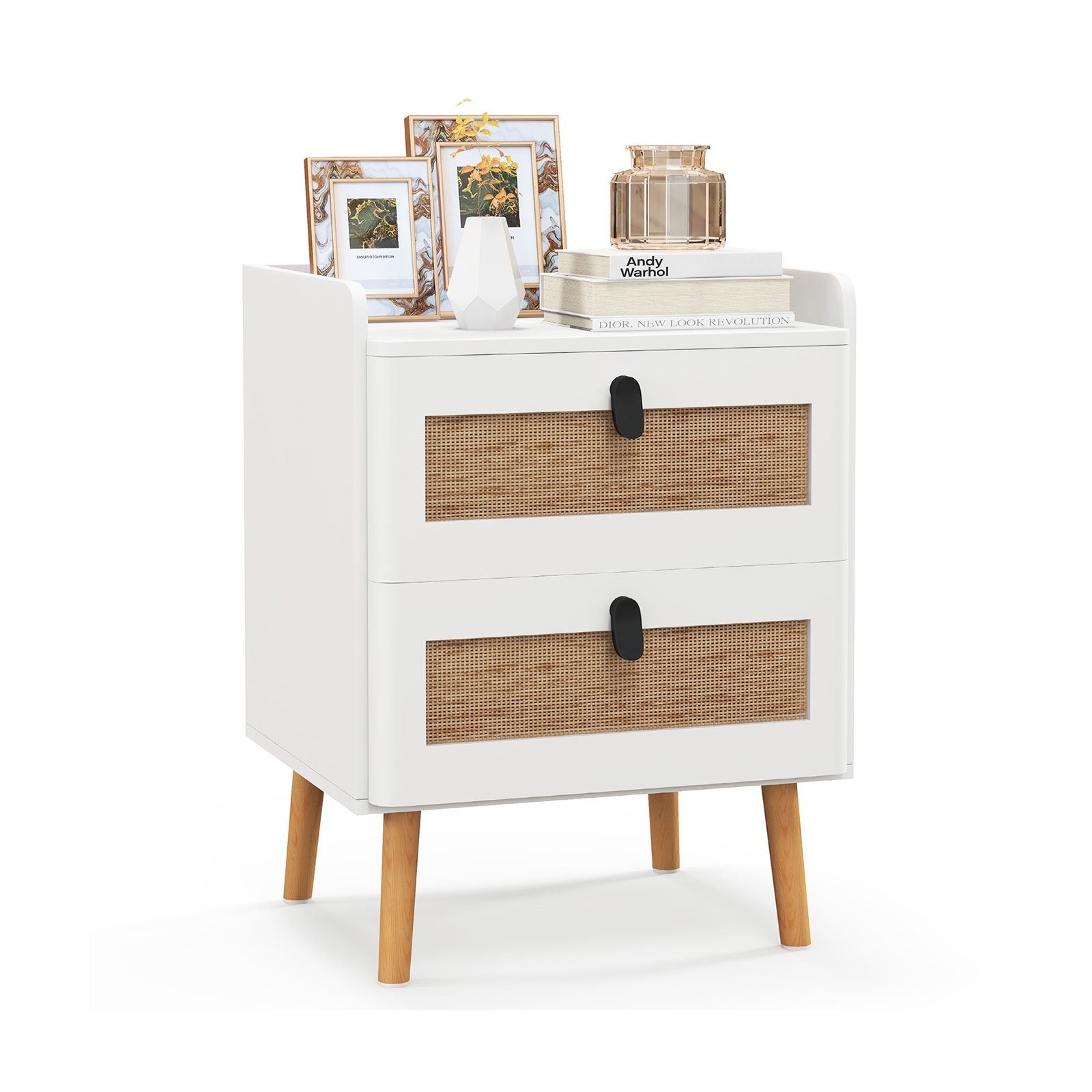 Modern End Table Bedside Table with 2 Rattan Decorated Drawers, White End & Side Tables White at Gallery Canada