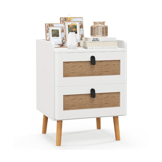 Modern End Table, 2 Rattan Drawers, White