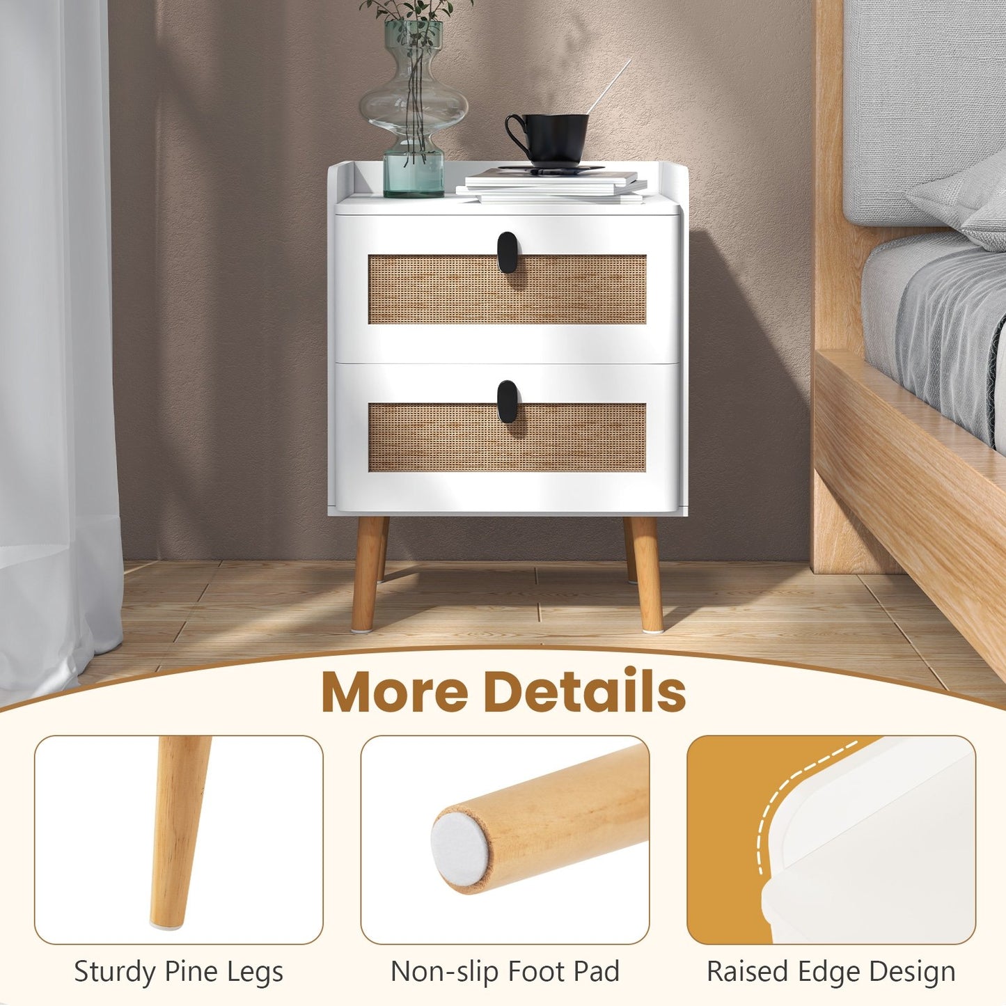Modern End Table Bedside Table with 2 Rattan Decorated Drawers, White