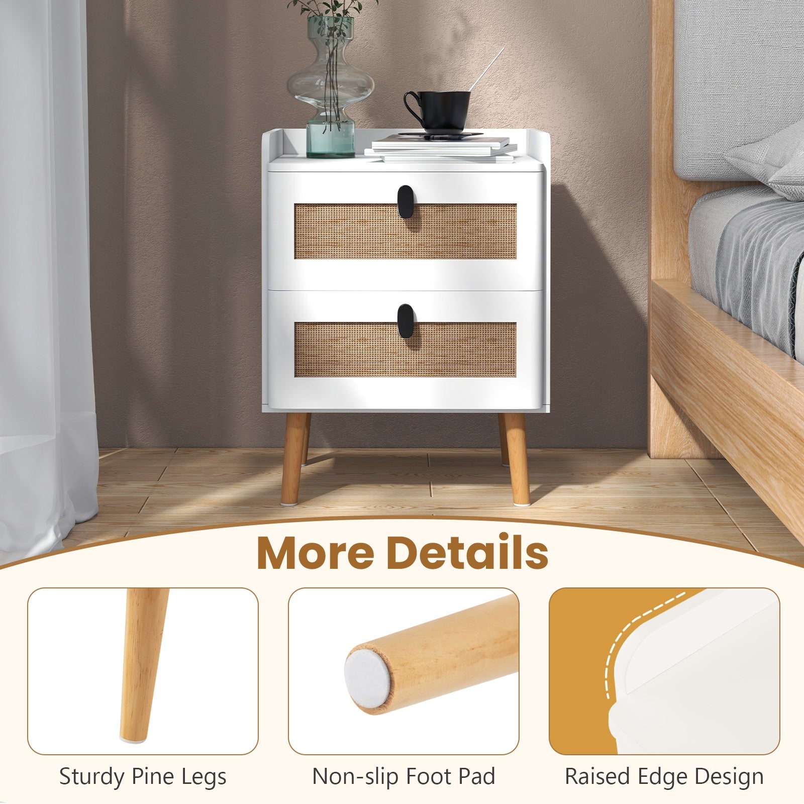 Modern End Table Bedside Table with 2 Rattan Decorated Drawers, White End & Side Tables at Gallery Canada