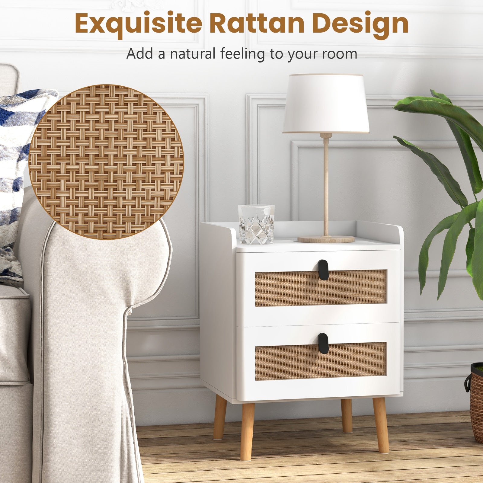 Modern End Table Bedside Table with 2 Rattan Decorated Drawers, White End & Side Tables at Gallery Canada