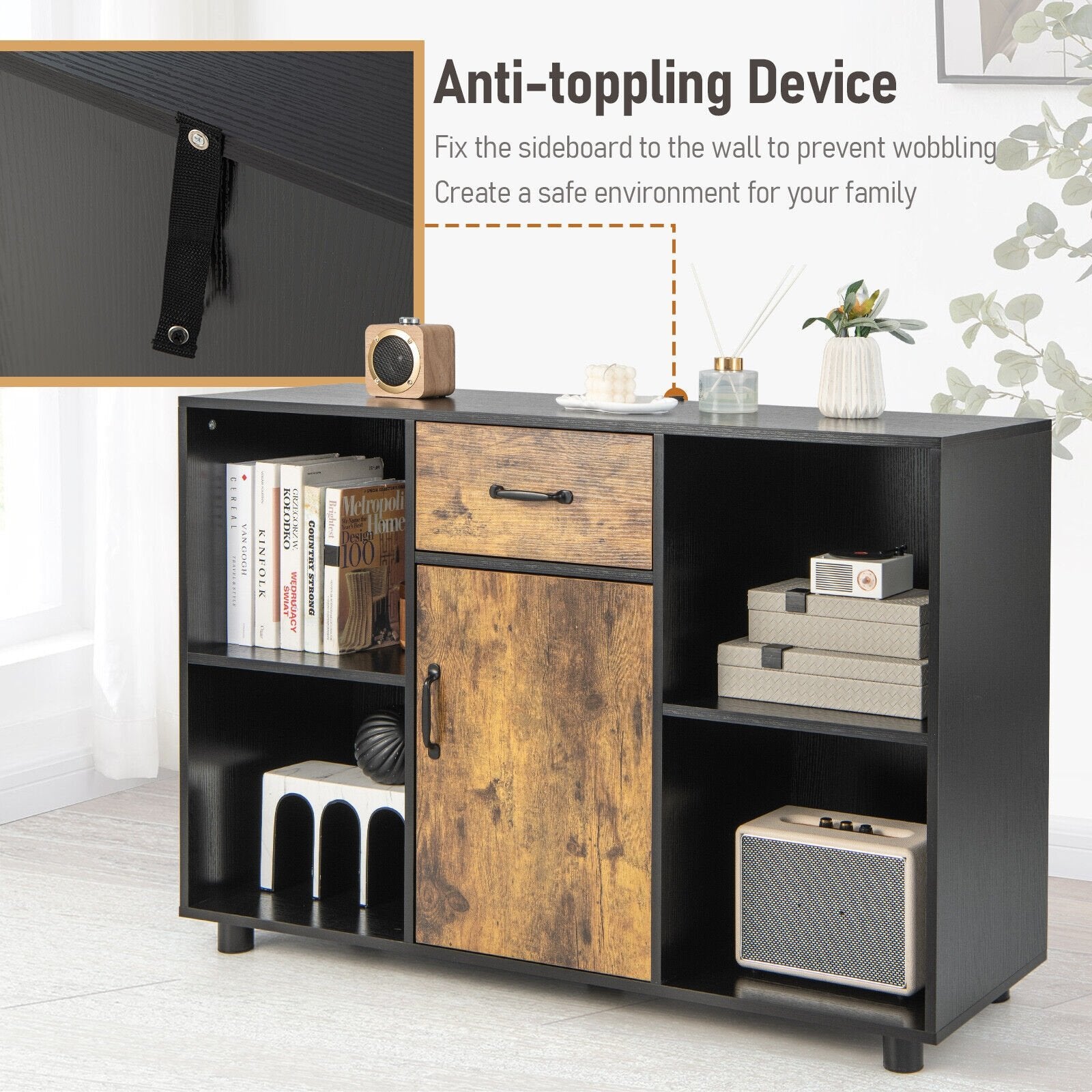 48 Inch Industrial Buffet Sideboard with 4 Open Cubbies, Black at Gallery Canada