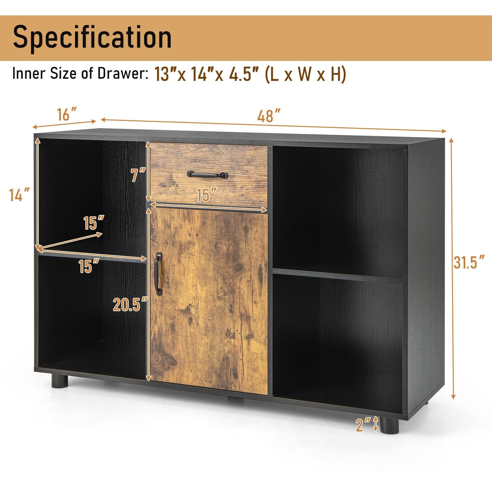 48 Inch Industrial Buffet Sideboard with 4 Open Cubbies, Black at Gallery Canada