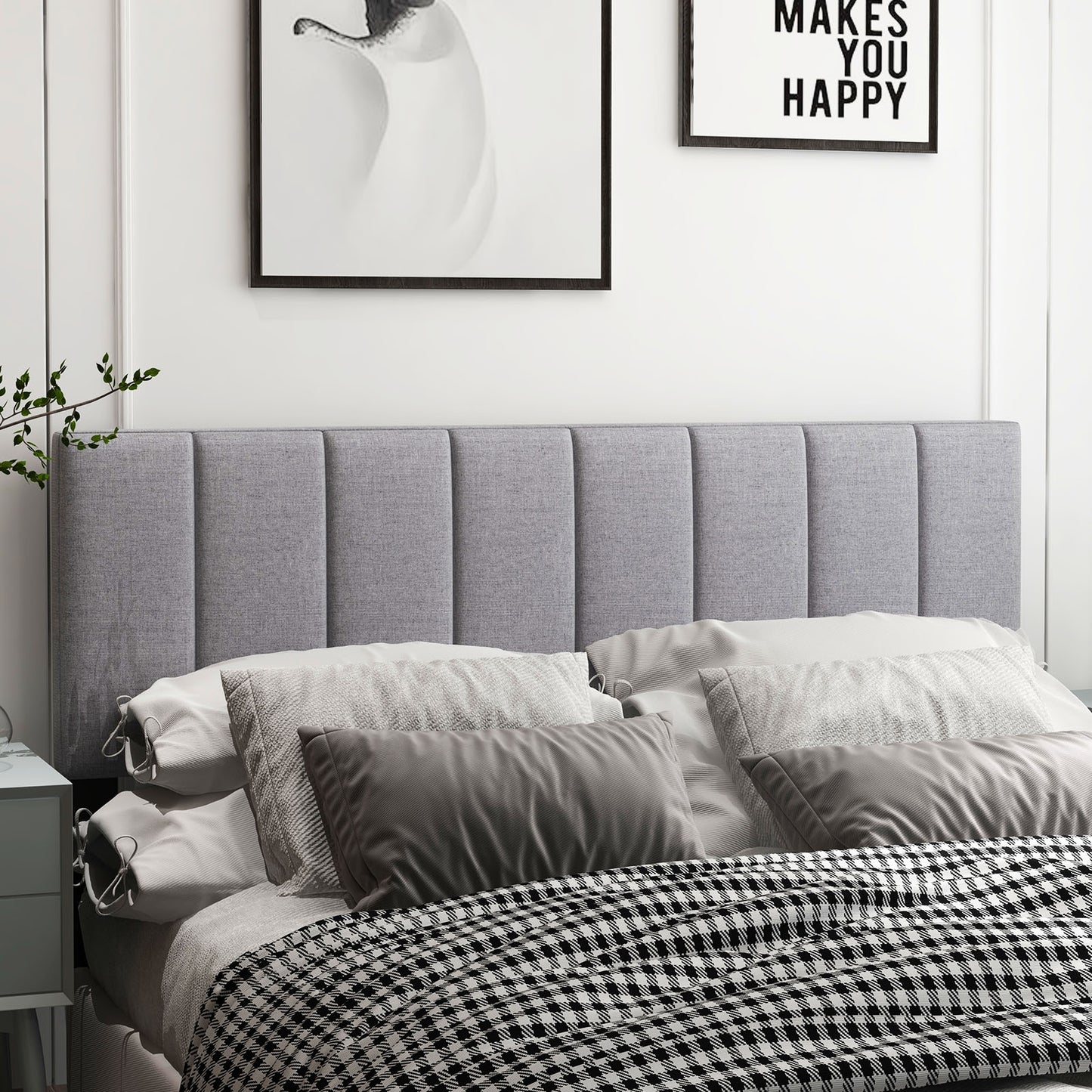 Linen Upholstered Headboard with Solid Wood Legs and Adjustable Width, Gray Headboards at Gallery Canada