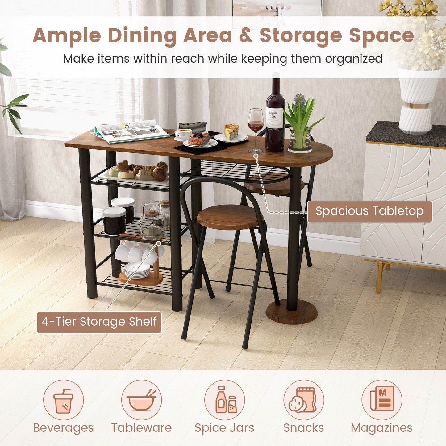 3 Pieces Retro Dining Table Set with 4-Tier Storage Shelf, Rustic Brown