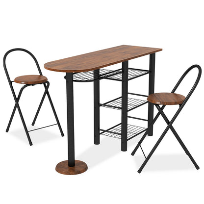 3 Pieces Retro Dining Table Set with 4-Tier Storage Shelf, Rustic Brown