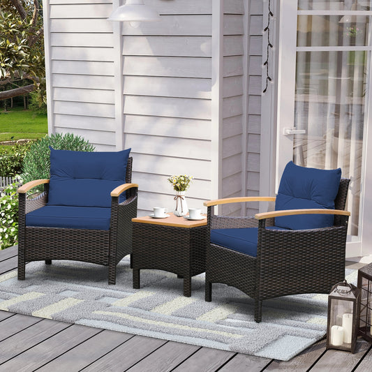 3 Pieces Patio Rattan Furniture Set with Removable Cushion, Navy Patio Conversation Sets Navy at Gallery Canada