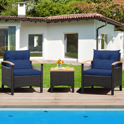 3 Pieces Patio Rattan Furniture Set with Removable Cushion, Navy Patio Conversation Sets at Gallery Canada