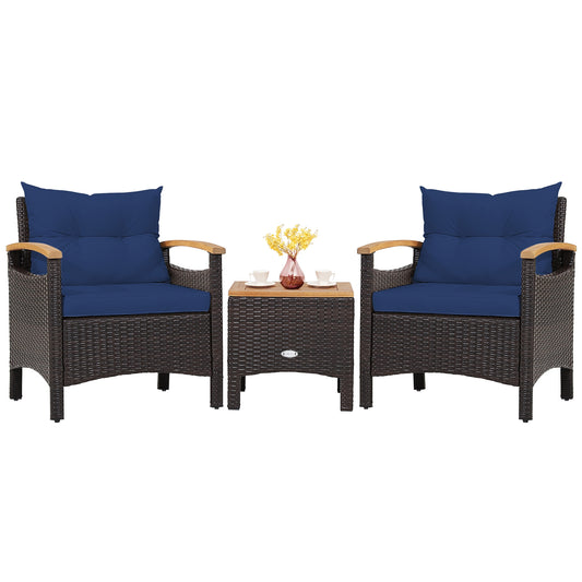 3 Pieces Patio Rattan Furniture Set with Removable Cushion, Navy Patio Conversation Sets Navy at Gallery Canada