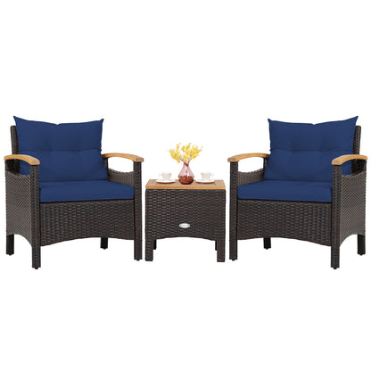 3 Pieces Patio Rattan Furniture Set with Removable Cushion, Navy Patio Conversation Sets at Gallery Canada