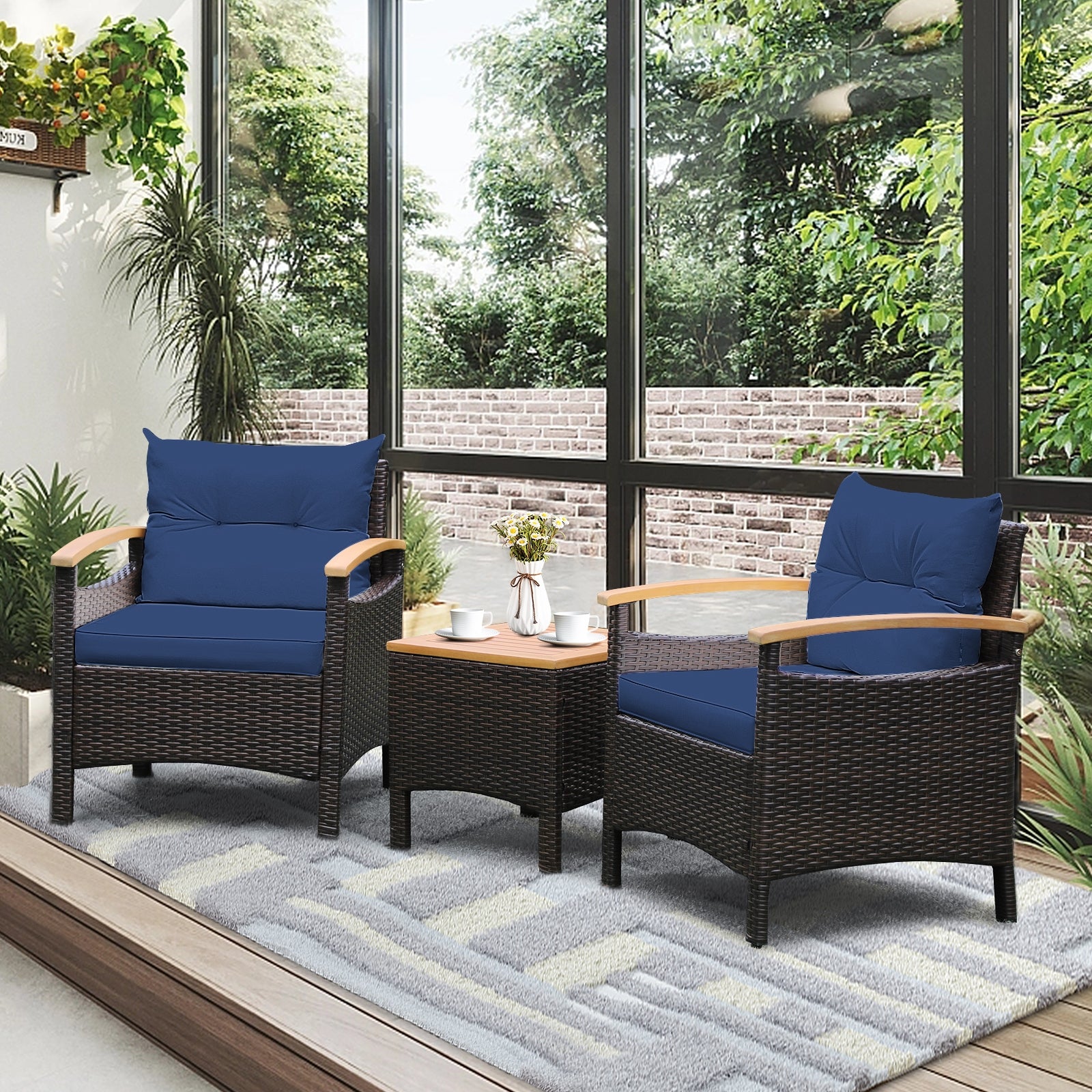 3 Pieces Patio Rattan Furniture Set with Removable Cushion, Navy Patio Conversation Sets at Gallery Canada