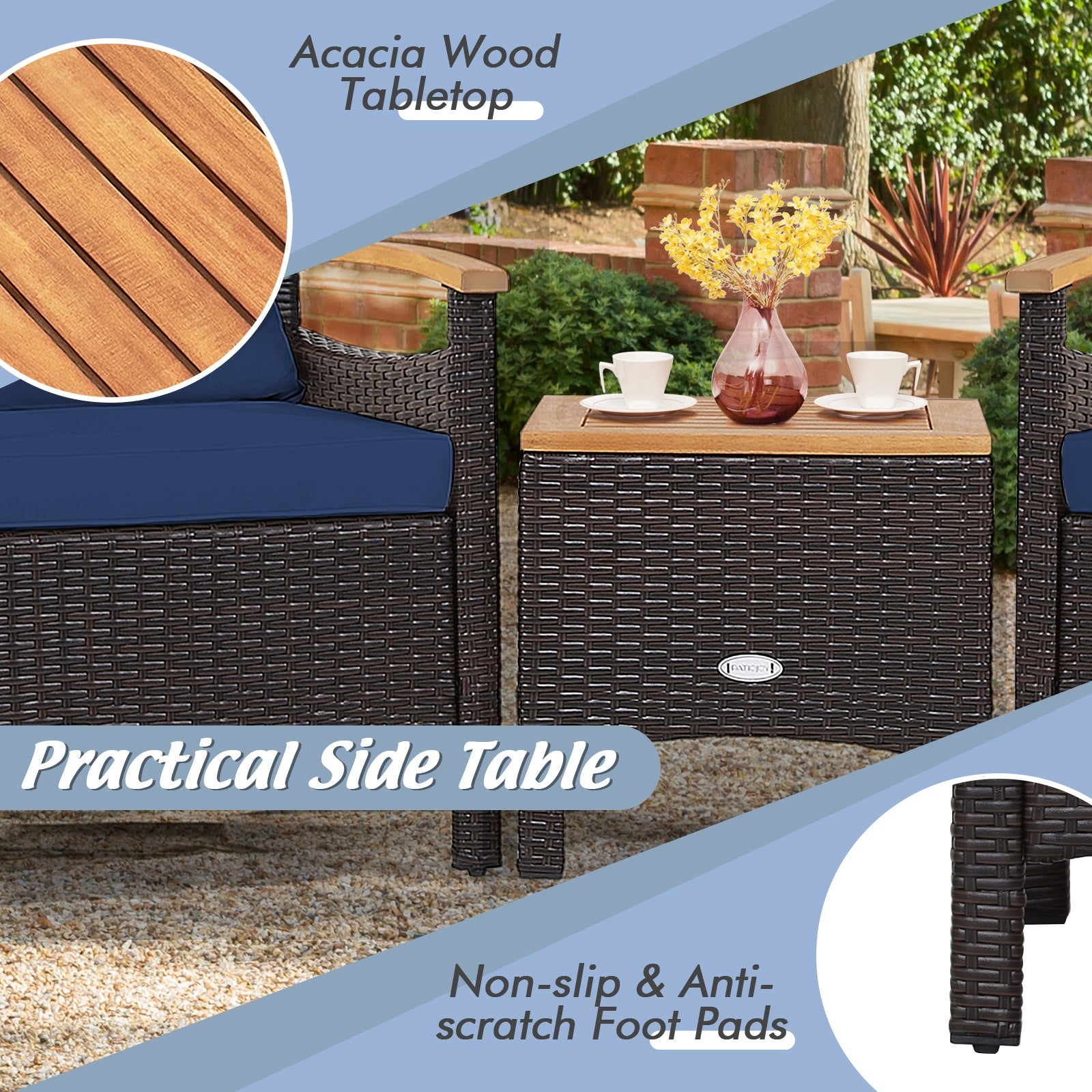 3 Pieces Patio Rattan Furniture Set with Removable Cushion, Navy Patio Conversation Sets at Gallery Canada