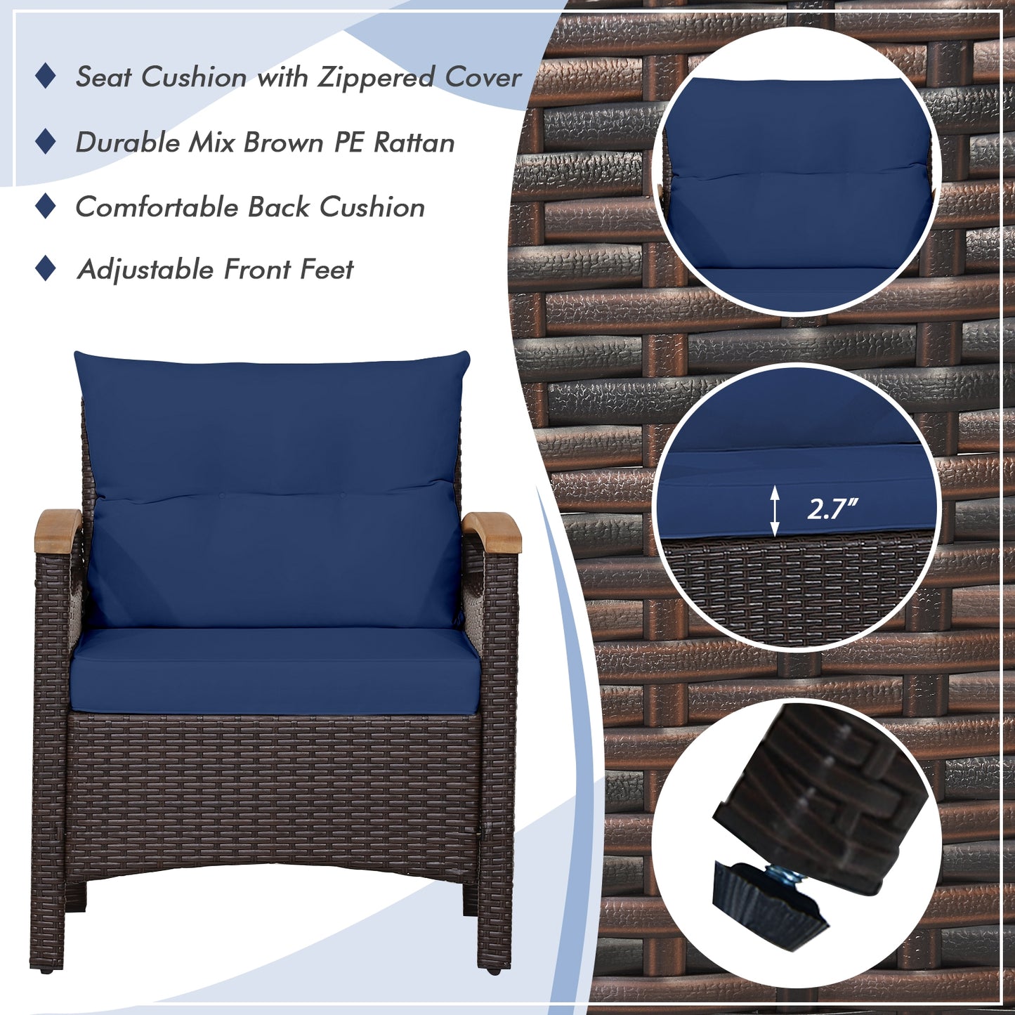 3 Pieces Patio Rattan Furniture Set with Removable Cushion, Navy Patio Conversation Sets at Gallery Canada