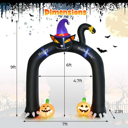9 Feet Halloween Inflatable Cat Archway with Wizard Cat and Pumpkins, Multicolor