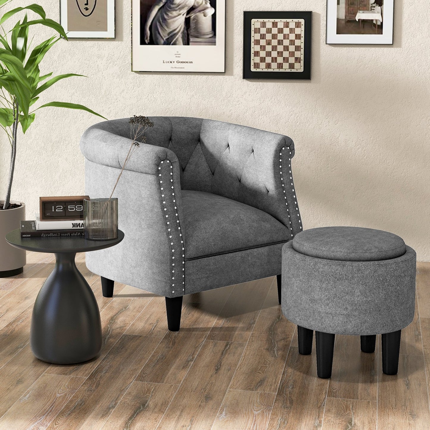 Modern Accent Chair with Ottoman Armchair Barrel Sofa Chair and Footrest-Grey, Gray at Gallery Canada