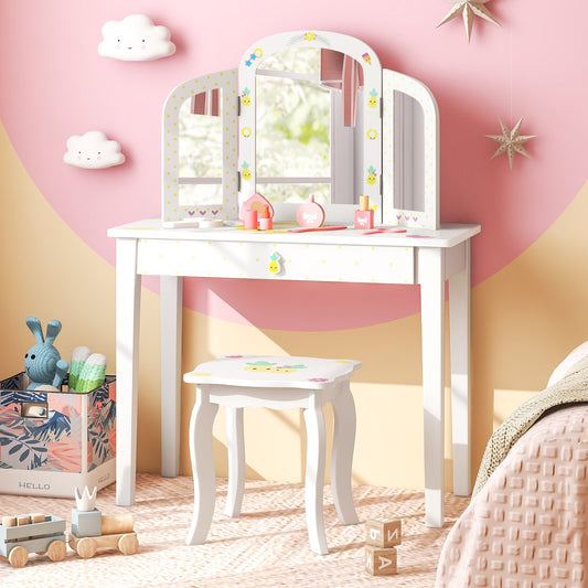 Kids Vanity Table Set with Tri-Folding Mirror and Large Drawer, White - Gallery Canada