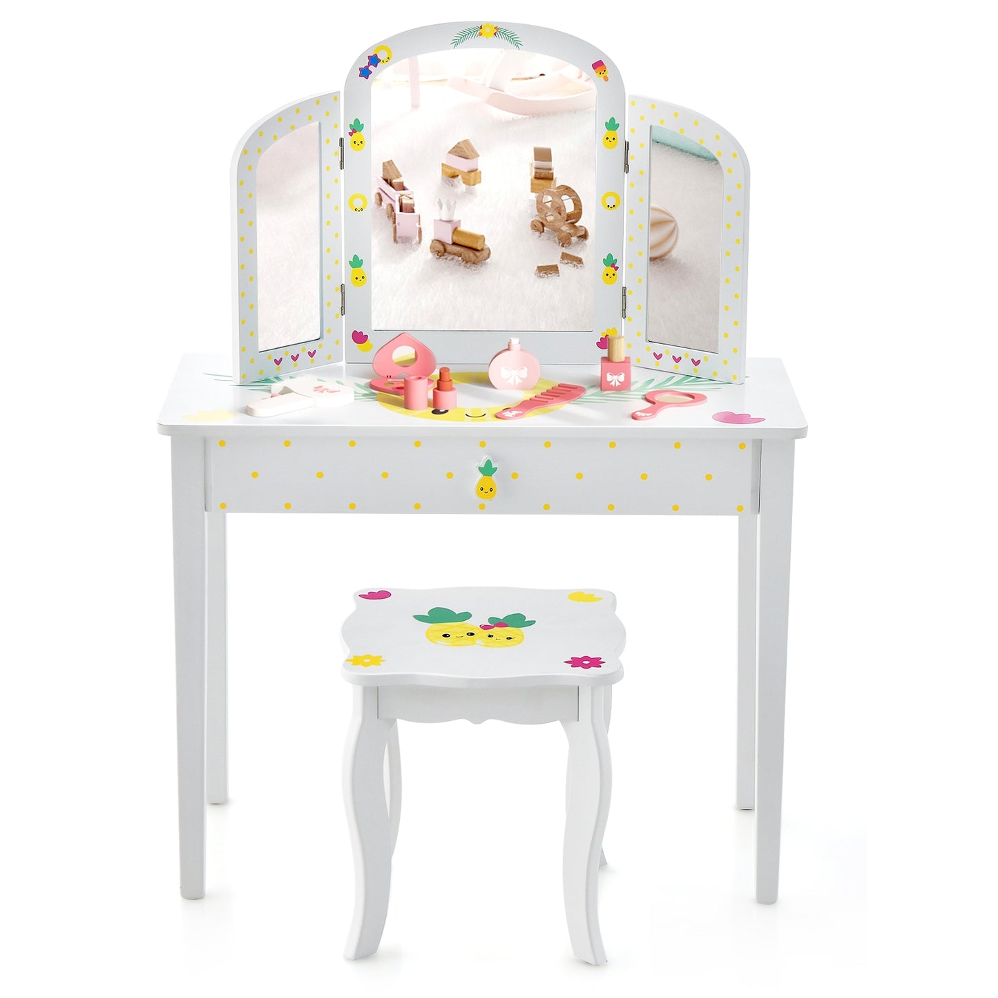 Kids Vanity Table Set with Tri-Folding Mirror and Large Drawer, White Kids Vanities at Gallery Canada