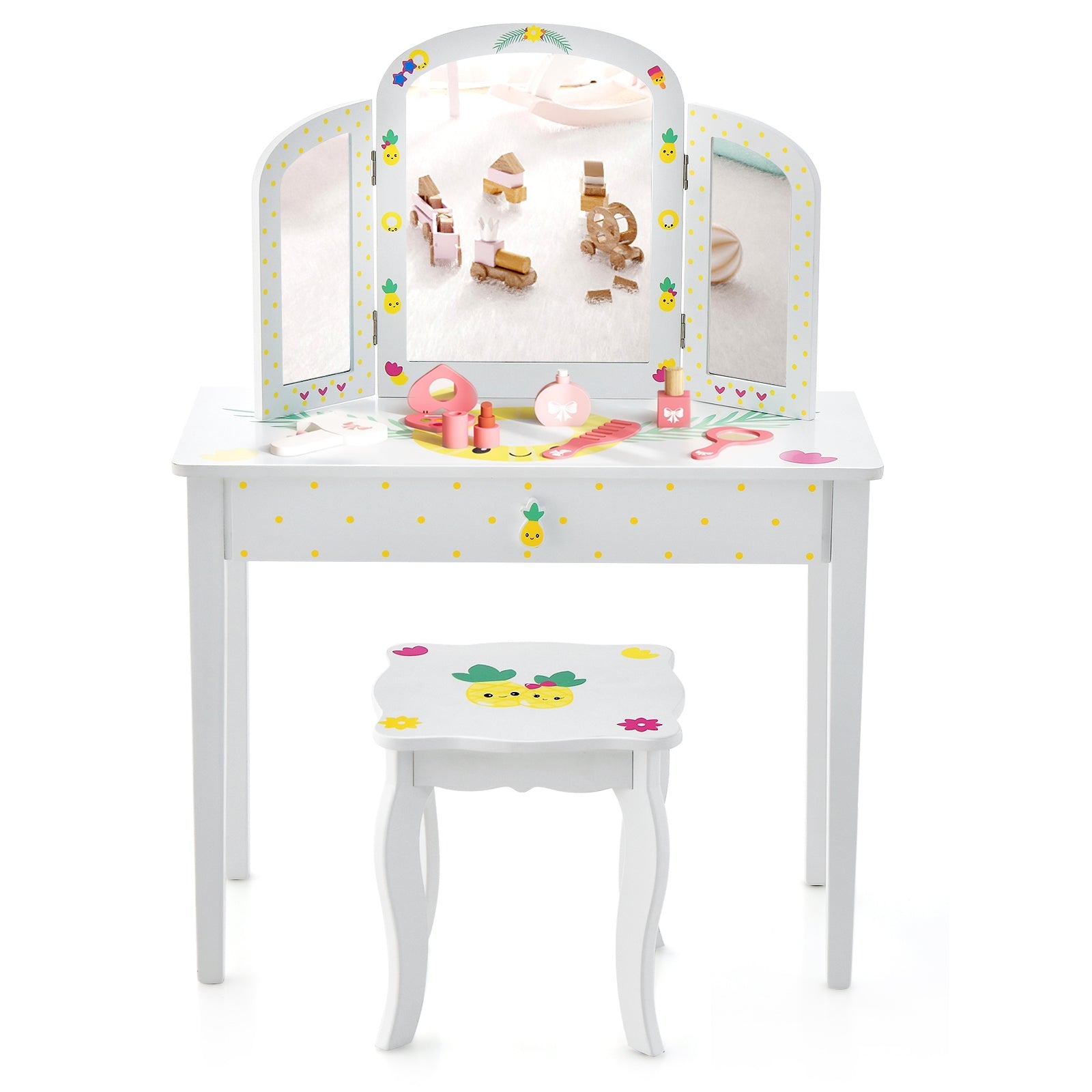 Kids Vanity Table Set with Tri-Folding Mirror and Large Drawer, White Kids Vanities at Gallery Canada