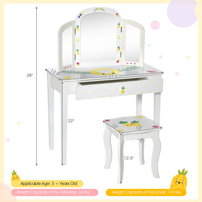 Kids Vanity Table Set with Tri-Folding Mirror and Large Drawer, White Kids Vanities at Gallery Canada