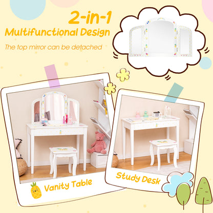 Kids Vanity Table Set with Tri-Folding Mirror and Large Drawer, White Kids Vanities at Gallery Canada