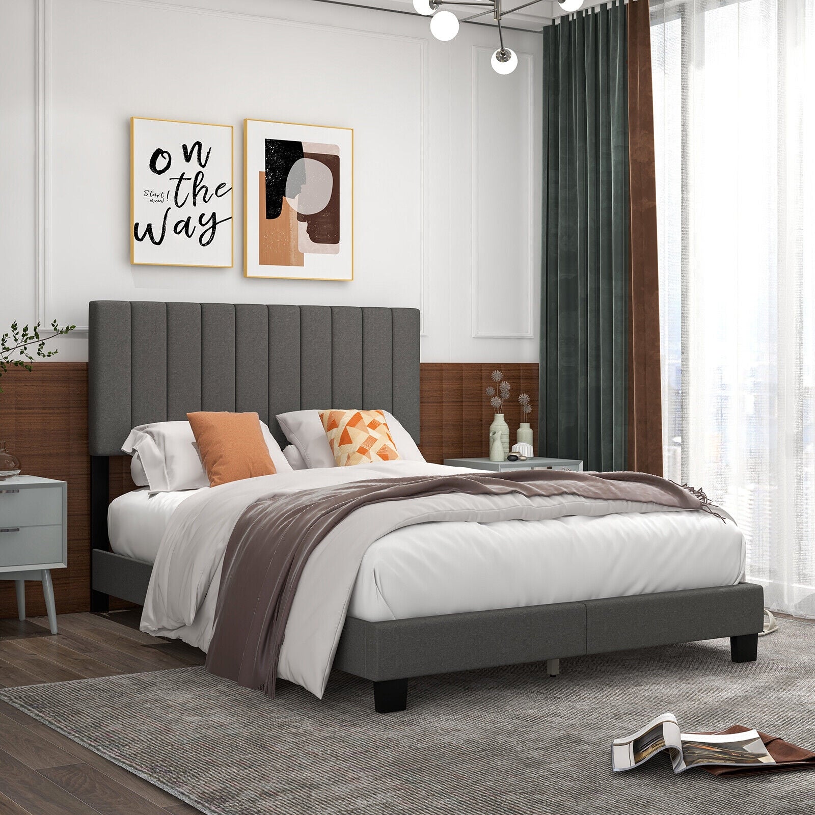 Queen Size Upholstered Bed Frame with Vertical Channel Tufted Headboard Gray, Gray Simple Bed Frame at Gallery Canada