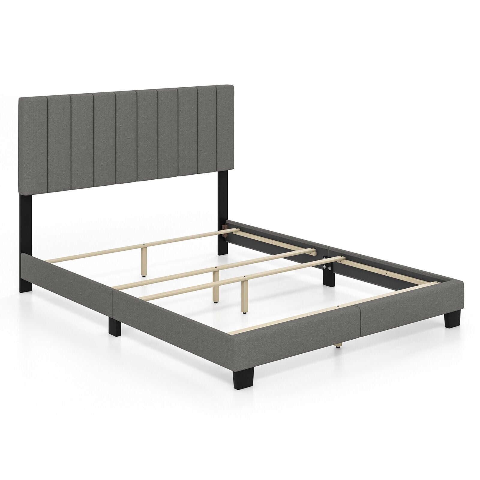 Queen Size Upholstered Bed Frame, Vertical Channel Tufted Headboard, Gray Simple Bed Frame at Gallery Canada