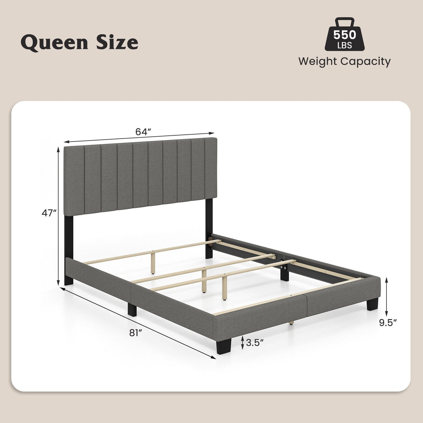 Queen Size Upholstered Bed Frame with Vertical Channel Tufted Headboard Gray, Gray Simple Bed Frame at Gallery Canada