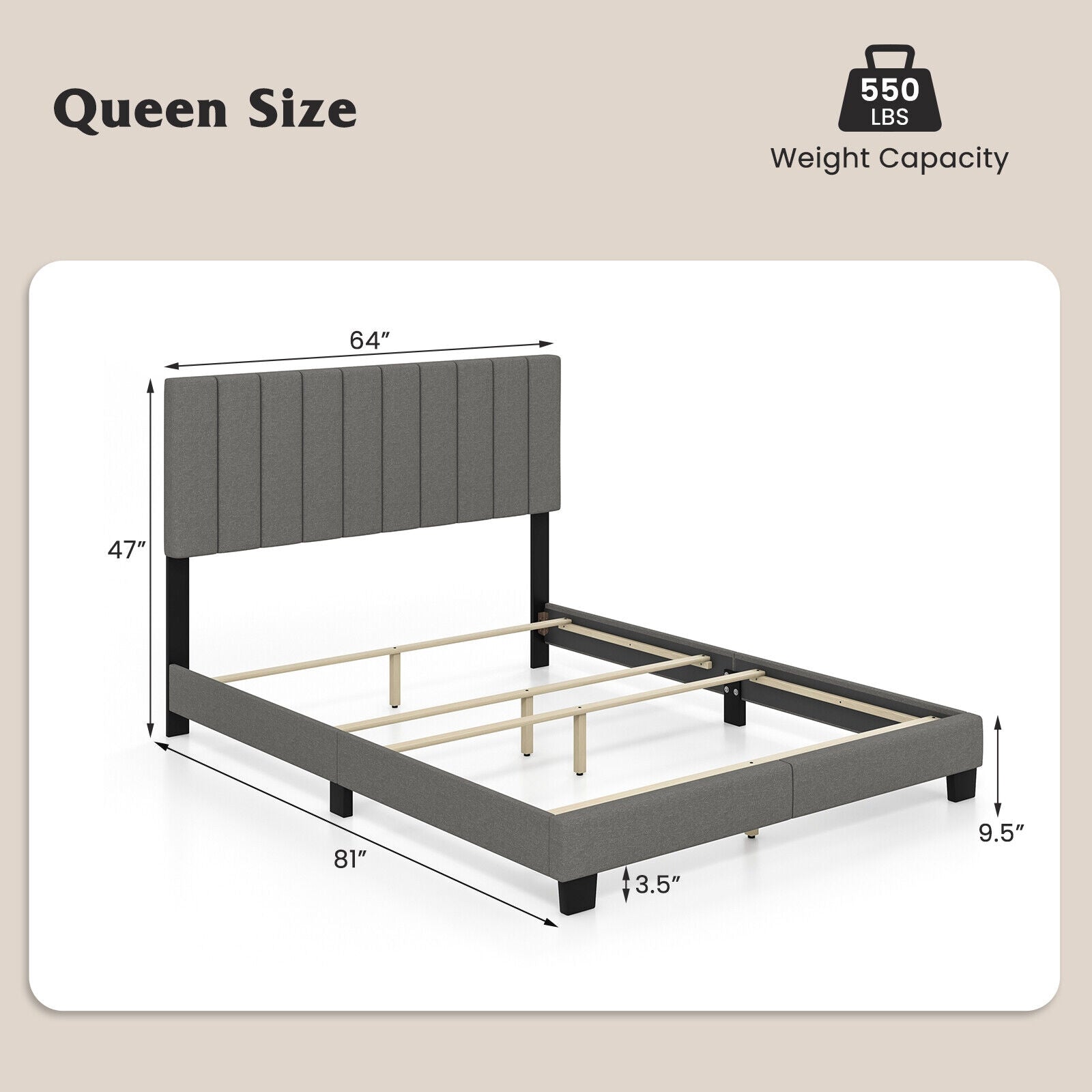 Queen Size Upholstered Bed Frame with Vertical Channel Tufted Headboard Gray, Gray Simple Bed Frame at Gallery Canada