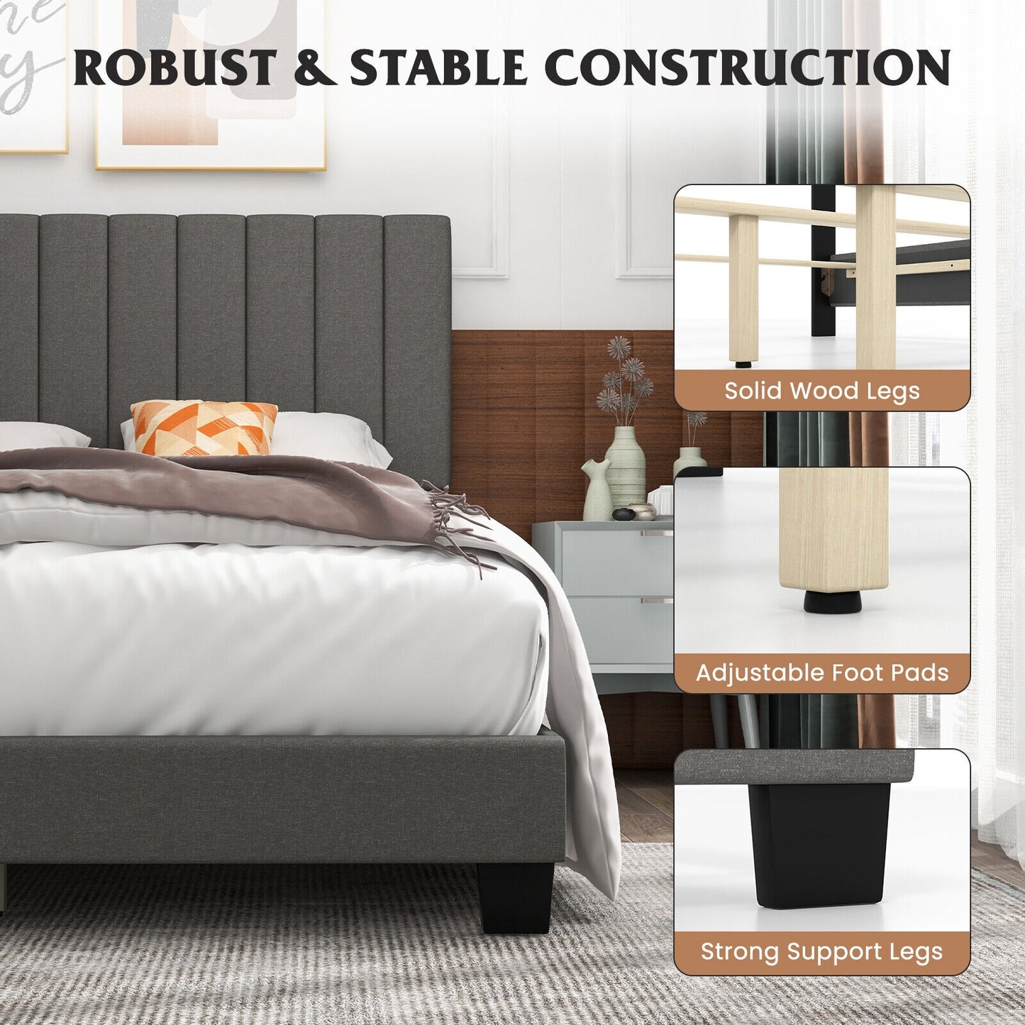 Queen Size Upholstered Bed Frame with Vertical Channel Tufted Headboard Gray, Gray Simple Bed Frame at Gallery Canada