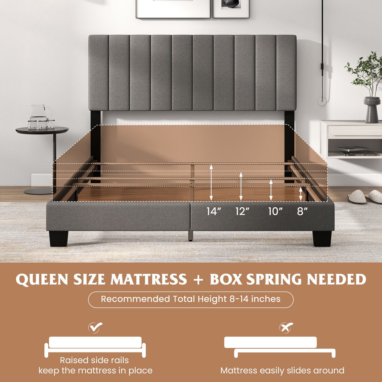 Queen Size Upholstered Bed Frame with Vertical Channel Tufted Headboard Gray, Gray Simple Bed Frame at Gallery Canada