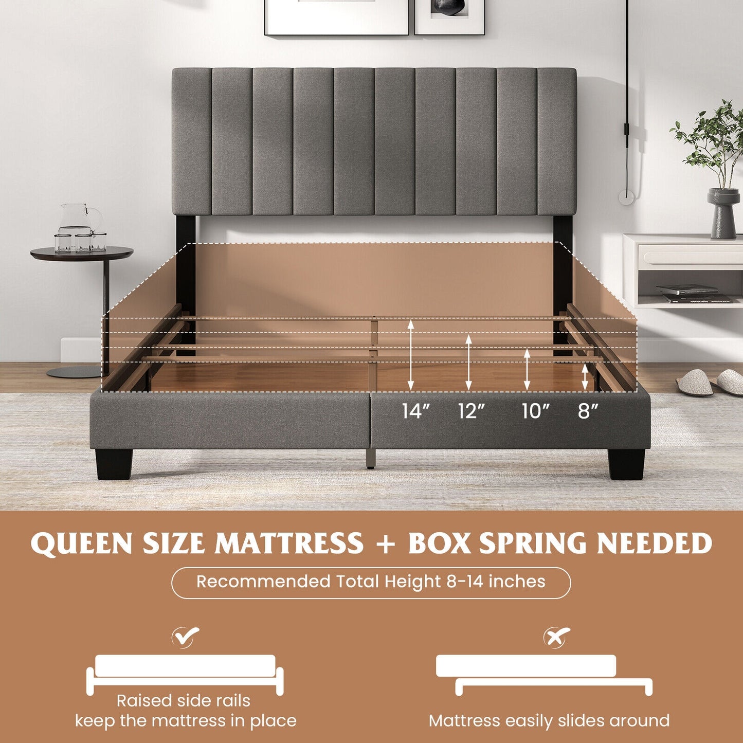 Queen Size Upholstered Bed Frame with Vertical Channel Tufted Headboard Gray, Gray Simple Bed Frame at Gallery Canada