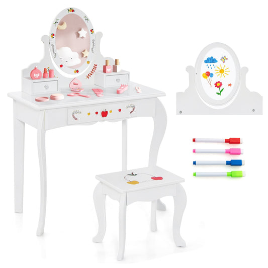 Kids Vanity and Stool Set with 360° Rotatable Mirror and Whiteboard, White - Gallery Canada