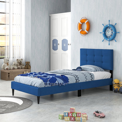 Twin Size Upholstered Platform Bed with Button Tufted Headboard, Blue Simple Bed Frame at Gallery Canada