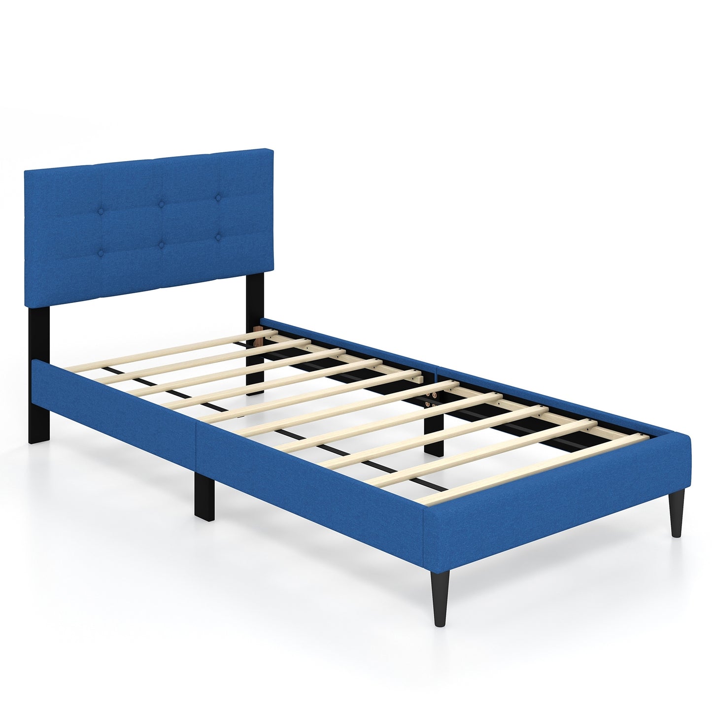 Twin Size Upholstered Platform Bed with Button Tufted Headboard, Blue Simple Bed Frame at Gallery Canada