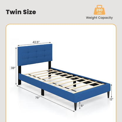Twin Size Upholstered Platform Bed with Button Tufted Headboard, Blue Simple Bed Frame at Gallery Canada