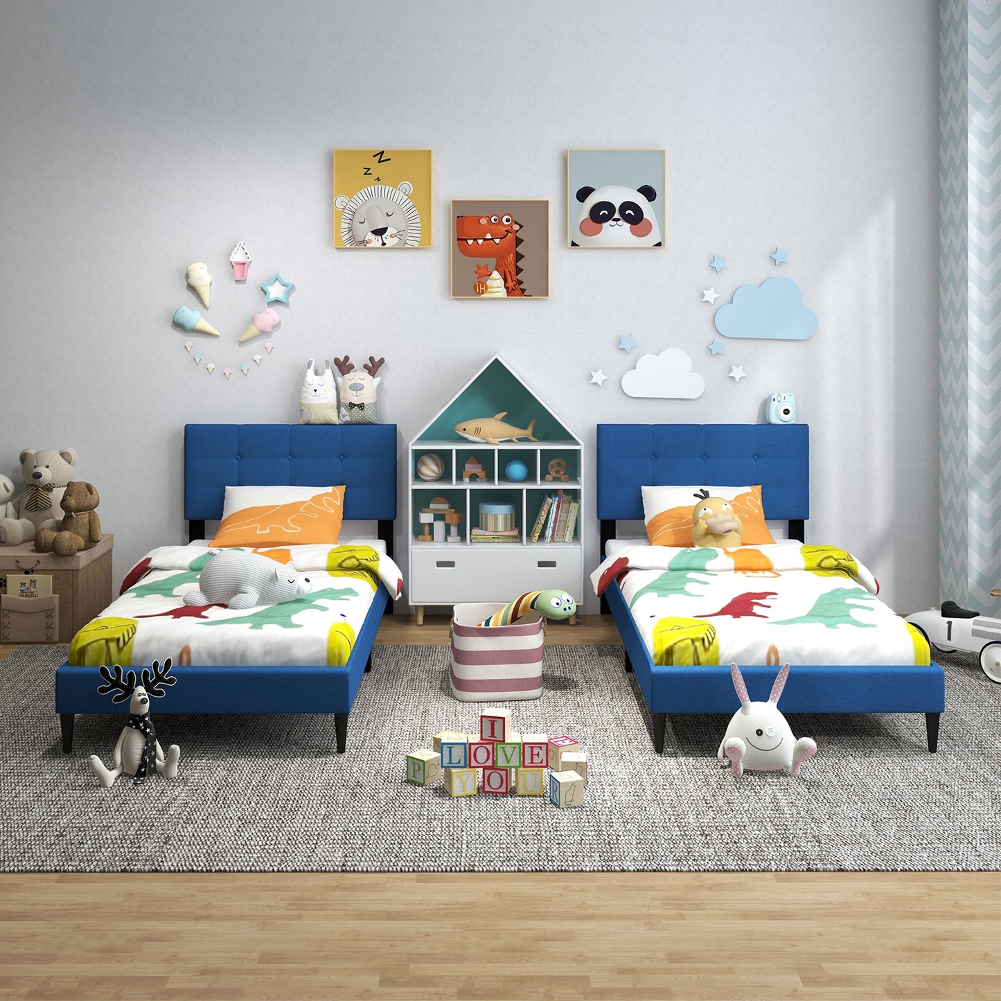 Twin Size Upholstered Platform Bed with Button Tufted Headboard, Blue Simple Bed Frame at Gallery Canada