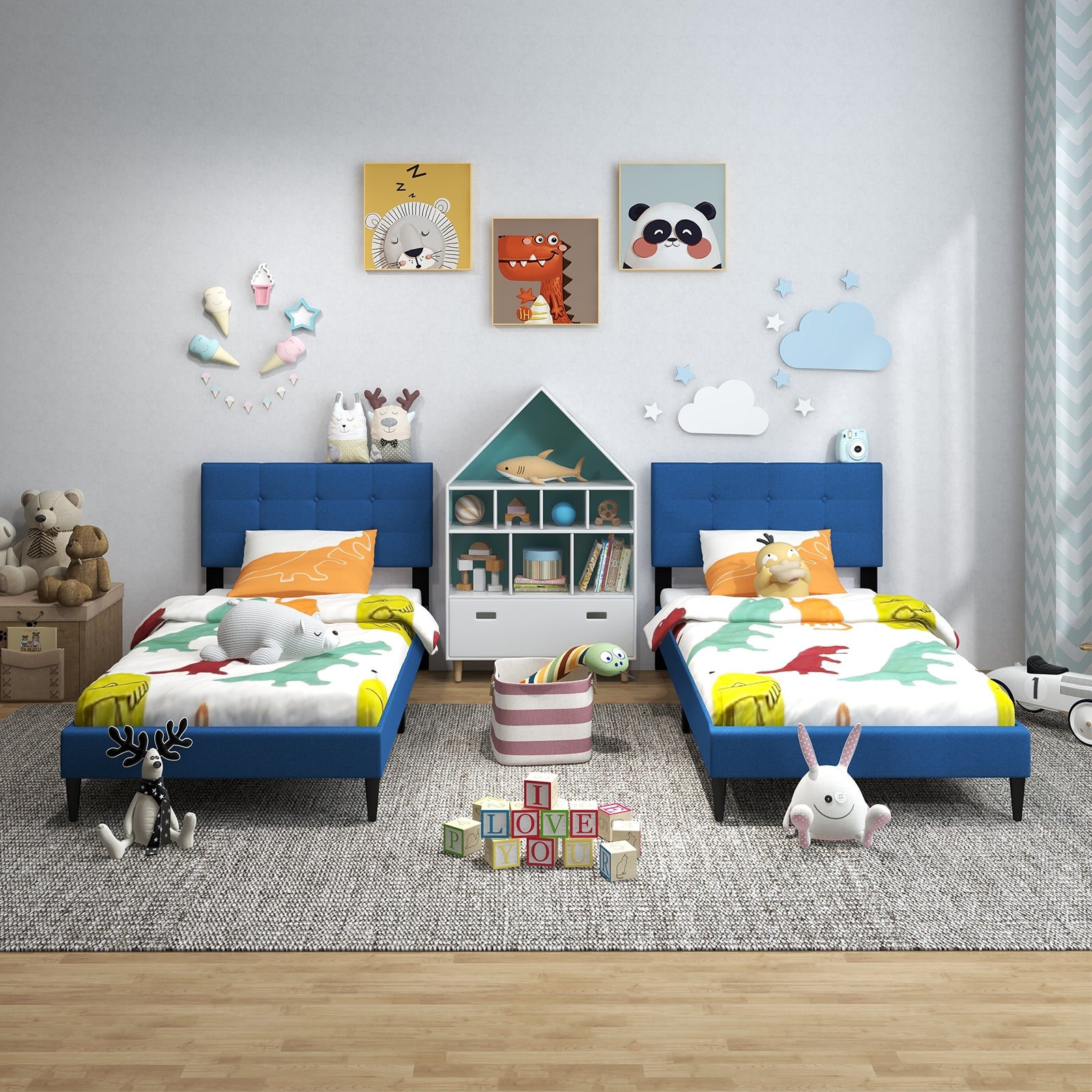 Twin Size Upholstered Platform Bed with Button Tufted Headboard, Blue Simple Bed Frame at Gallery Canada