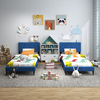 Twin Size Upholstered Platform Bed with Button Tufted Headboard, Blue Simple Bed Frame at Gallery Canada