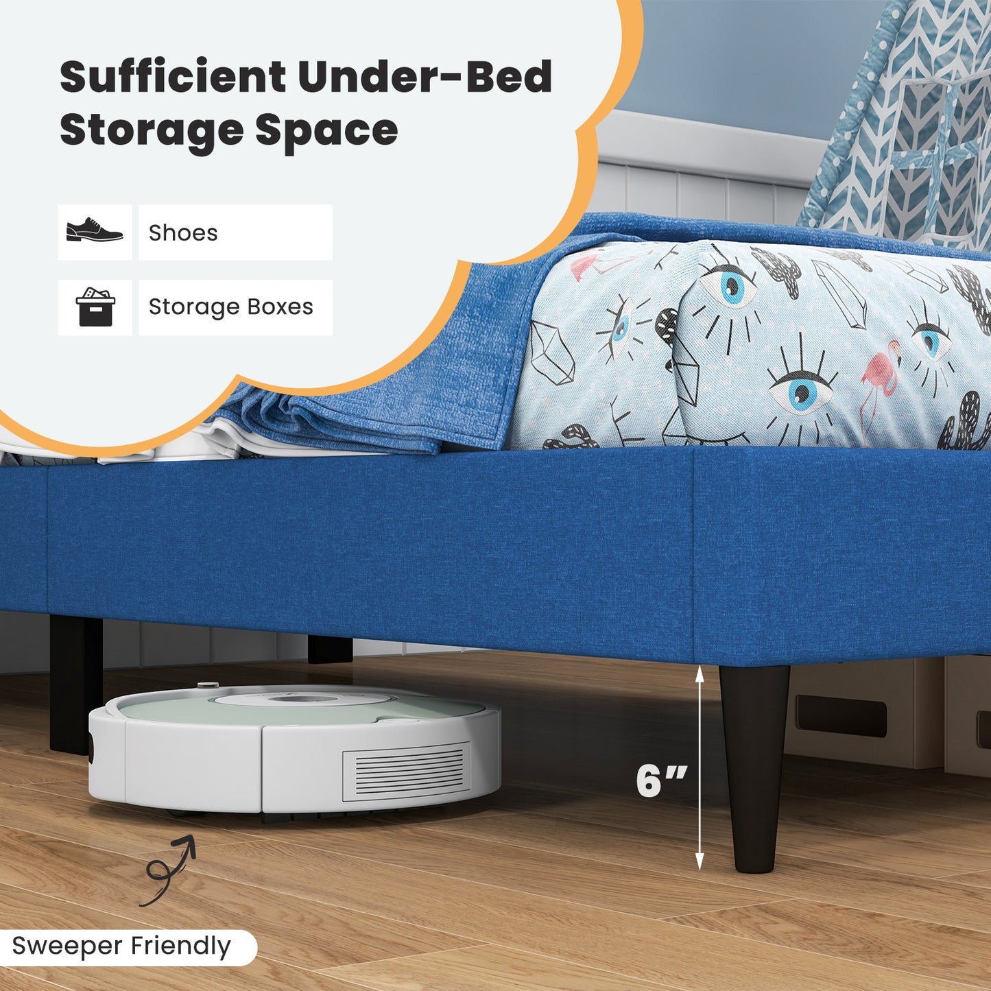 Twin Size Upholstered Platform Bed with Button Tufted Headboard, Blue Simple Bed Frame at Gallery Canada