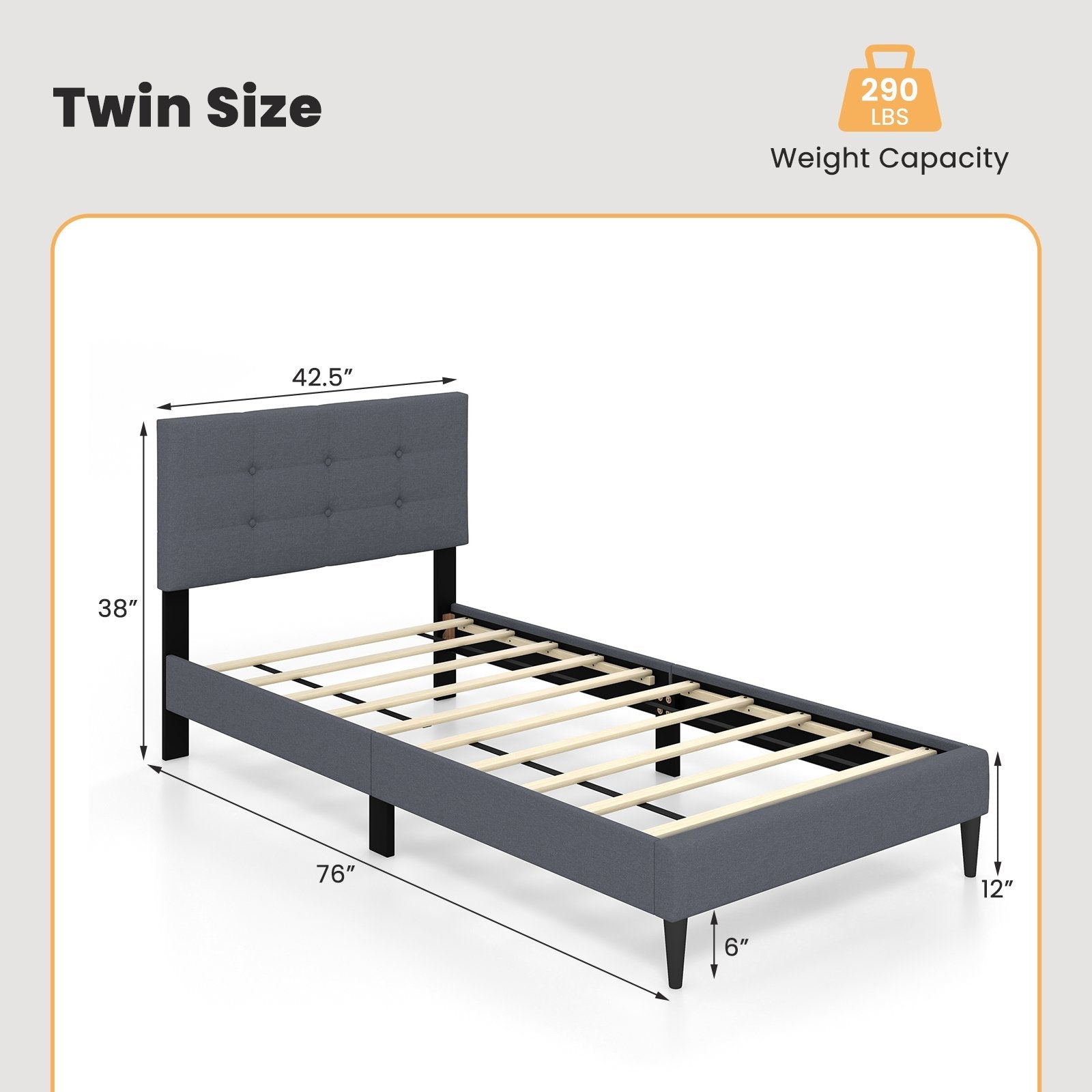Twin Size Upholstered Platform Bed with Button Tufted Headboard, Gray - Gallery Canada