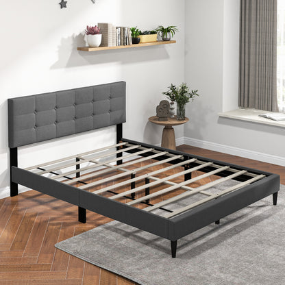 Queen Size Upholstered Platform Bed with Button Tufted Headboard, Gray Simple Bed Frame at Gallery Canada