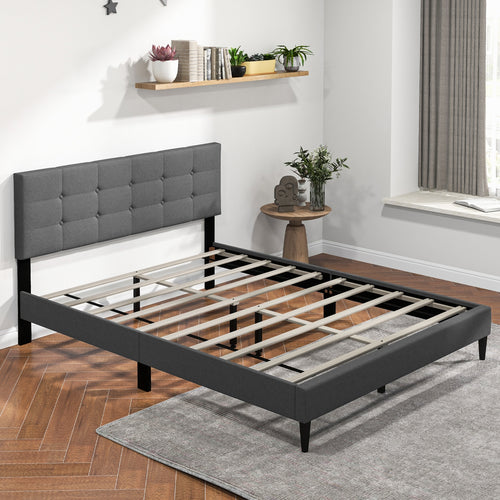 Queen Size Upholstered Platform Bed with Button Tufted Headboard, Gray