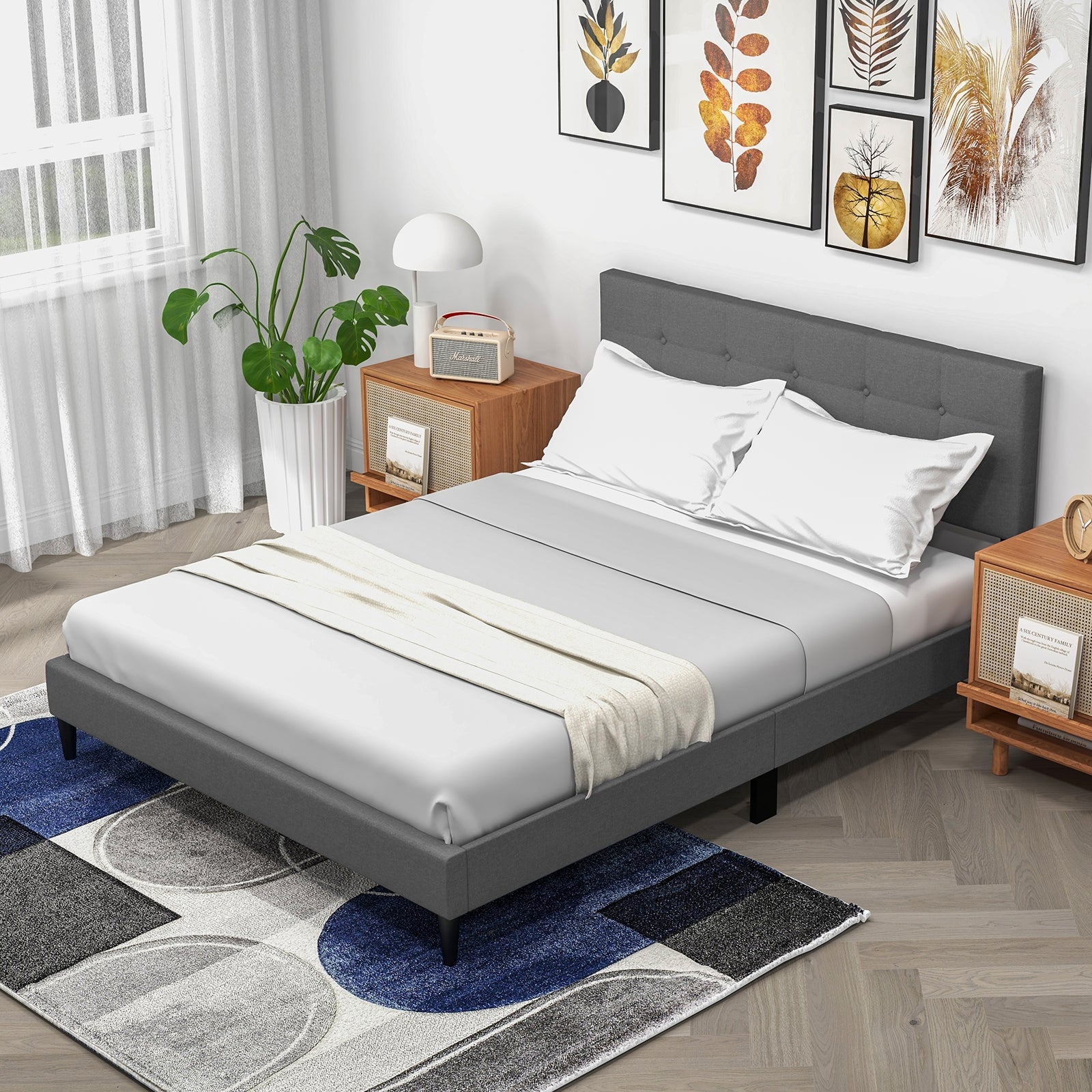 Queen Size Upholstered Platform Bed with Button Tufted Headboard, Gray Simple Bed Frame at Gallery Canada