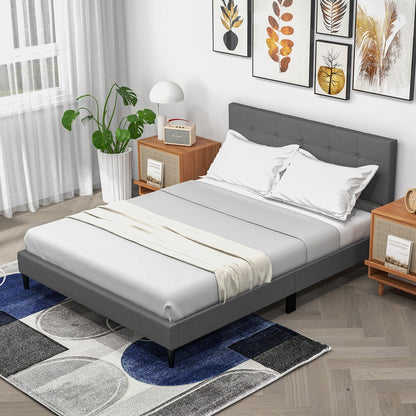 Queen Size Upholstered Platform Bed with Button Tufted Headboard, Gray Simple Bed Frame at Gallery Canada